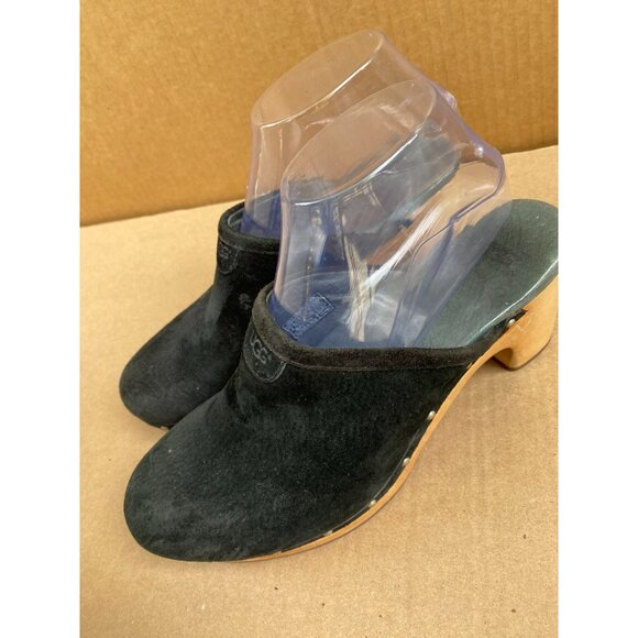 UGG Womens Abbie 5772 Black Suede Clogs Wooden Heel Size 8 Mule Slip on heel - Picture 10 of 16